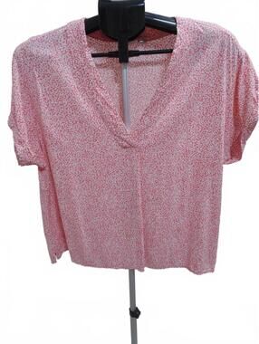 Gap Women's Pink White Polka Dot V-Neck Short Sleeve Regular Size L Blouse Top